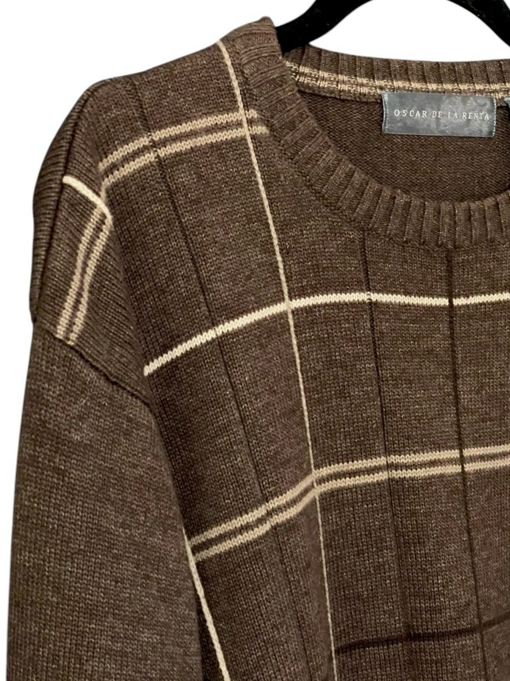 Oscar de la Renta Chocolate Brown Windowpane Sweater XL Preppy Old Money Grandpa - Picture 3 of 8
